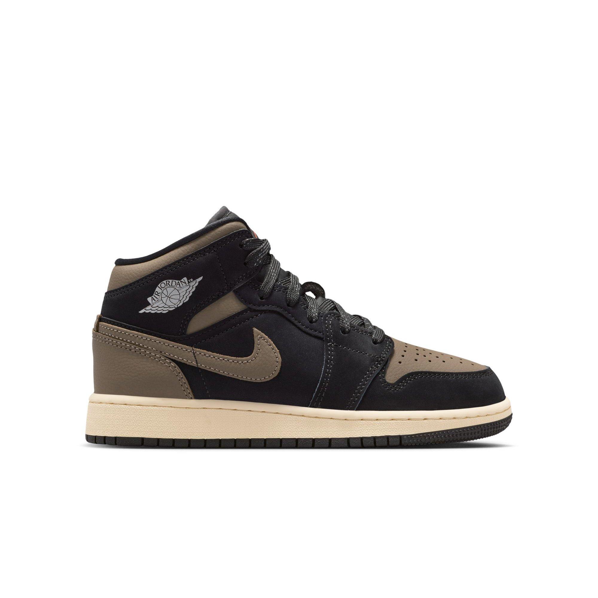 Jordan 1 Mid SE "Black/Olive Grey/Lt Wild Mango/Muslin" Grade School Boys' Shoe - BLACK/OLIVE